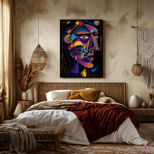 Futuristic Abstract Vision – Neon Cubist Portrait Poster