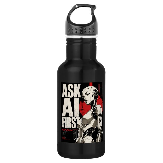 Futuristic AI Robot Humanoid Tech Design 532 Ml Water Bottle (Front)
