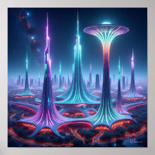 Futuristic Alien Cityscape with Spaceport Poster