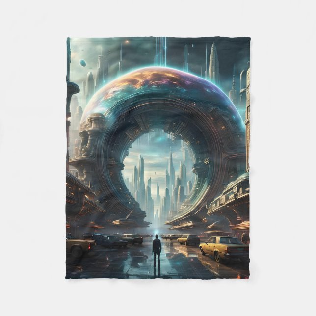 Futuristic Alien Planet Portal with Magic Gate Fleece Blanket (Front)