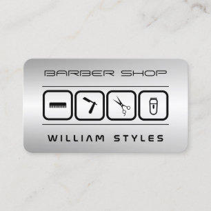 Futuristic barber and hairdresser silver metal business card