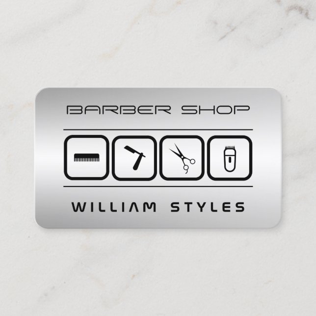 Futuristic barber and hairdresser silver metal business card (Front)