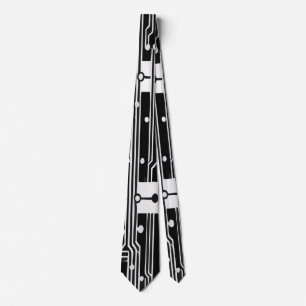 Futuristic Black and White Circuit Board Pattern Tie