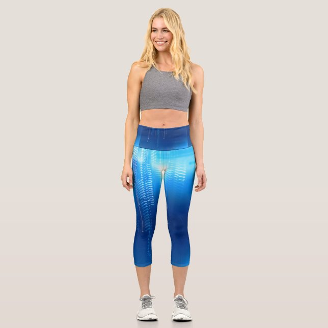 Futuristic blue design on capri leggings (Front)