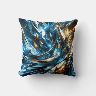 Futuristic Blue Gold Abstract Metallic Geometric Cushion