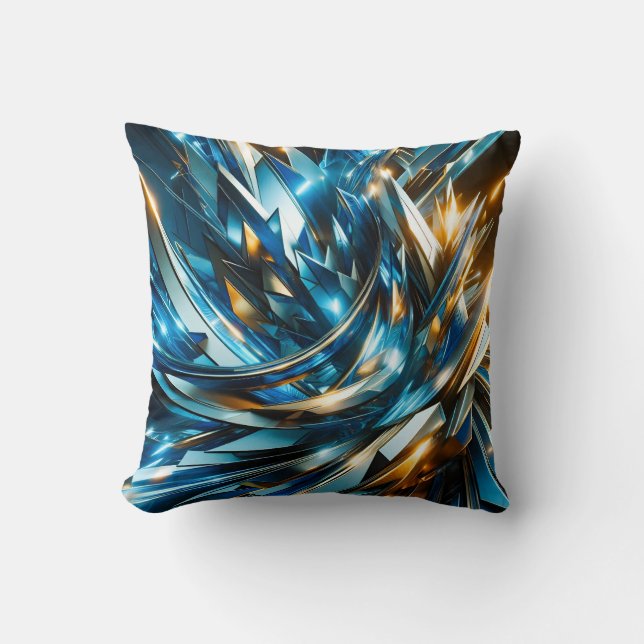 Futuristic Blue Gold Abstract Metallic Geometric Cushion (Front)