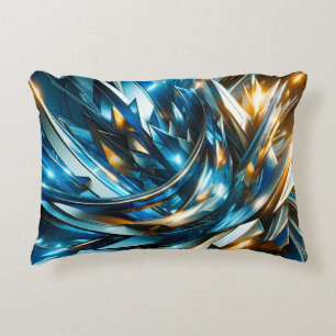 Futuristic Blue Gold Abstract Metallic Geometric Decorative Cushion