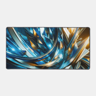 Futuristic Blue Gold Abstract Metallic Geometric Desk Mat