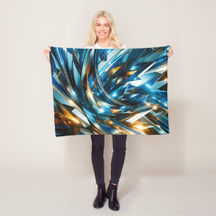 Futuristic Blue Gold Abstract Metallic Geometric Fleece Blanket