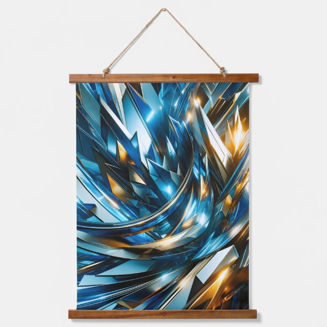 Futuristic Blue Gold Abstract Metallic Geometric Hanging Tapestry (Front)