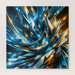 Futuristic Blue Gold Abstract Metallic Geometric Jigsaw Puzzle