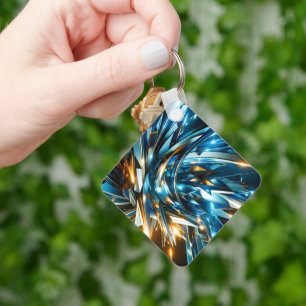 Futuristic Blue Gold Abstract Metallic Geometric Key Ring
