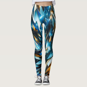 Futuristic Blue Gold Abstract Metallic Geometric Leggings