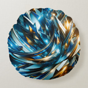 Futuristic Blue Gold Abstract Metallic Geometric Round Cushion