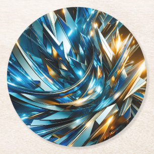 Futuristic Blue Gold Abstract Metallic Geometric Round Paper Coaster