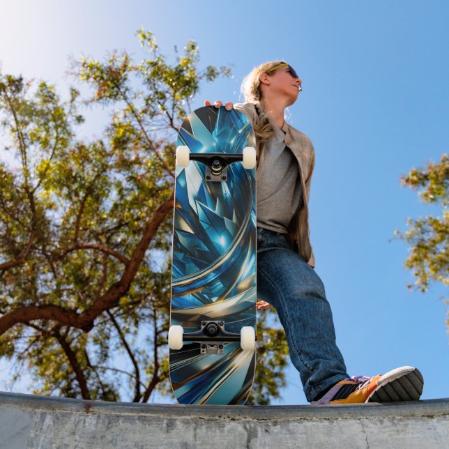 Futuristic Blue Gold Abstract Metallic Geometric Skateboard (Outdoor 1)