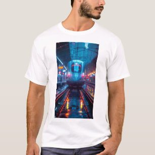 Futuristic Blue Train with Neon Lights T-Shirt