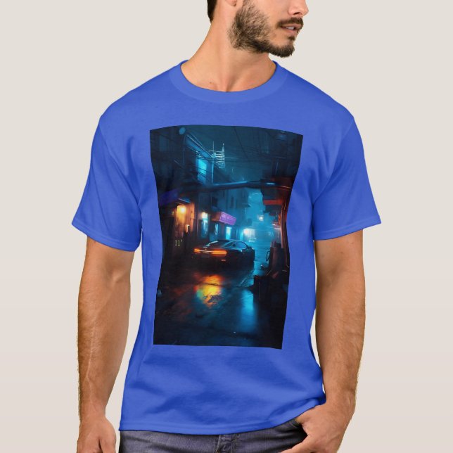 Futuristic Car in Neon Lit Cityscape friends T-Shirt (Front)