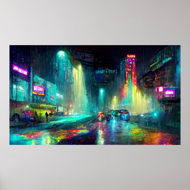 Futuristic City landscape with buildings, people Poster (Front)