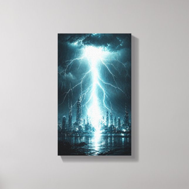 Futuristic City Lightning Strike Wall Art – Cyberp (Front)