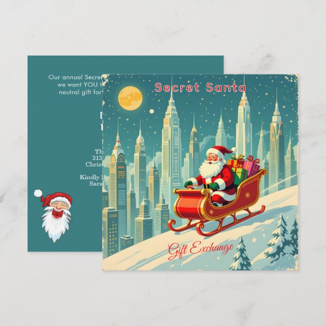 Futuristic City Santa Sleigh Gift Exchange Square Invitation (Front/Back)