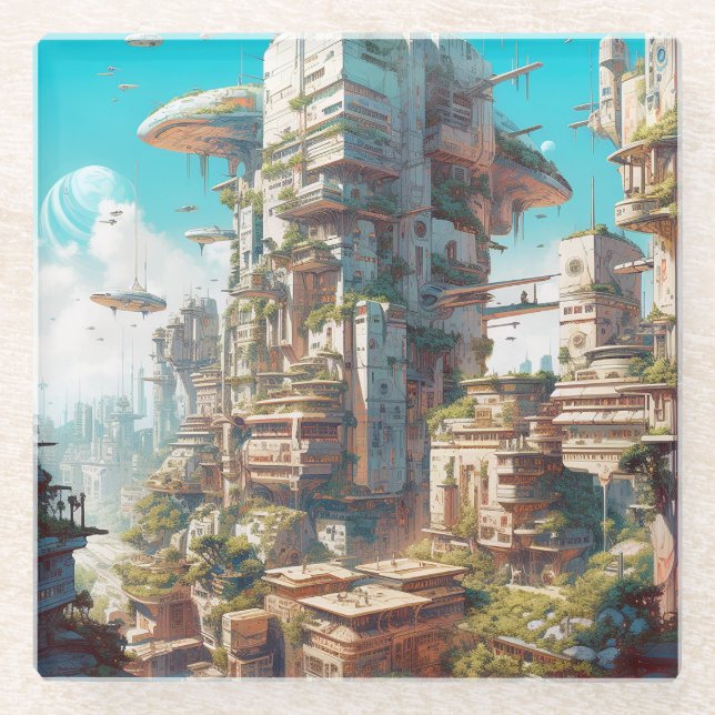 Futuristic City Science Fiction Art Glass Coaster (Front)