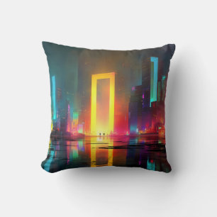 Futuristic City with Radiant Neon Portal Cushion