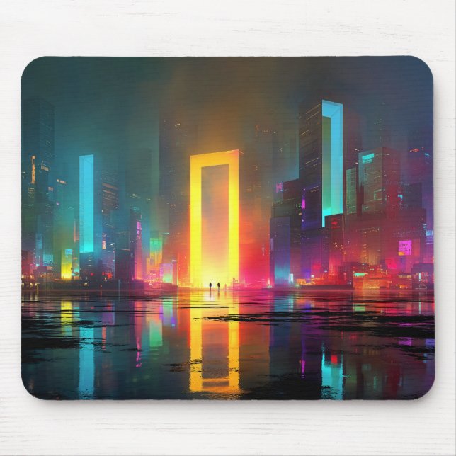 Futuristic City with Radiant Neon Portal Mouse Mat (Front)