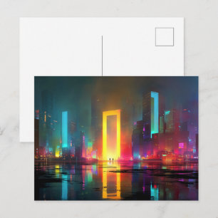 Futuristic City with Radiant Neon Portal Postcard