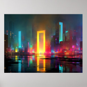 Futuristic City with Radiant Neon Portal Poster