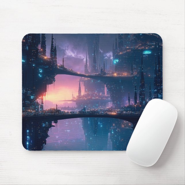 Futuristic Cityscape at Dusk Mouse Mat (With Mouse)