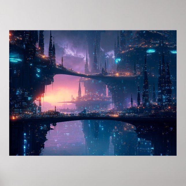 Futuristic Cityscape at Dusk Poster (Front)