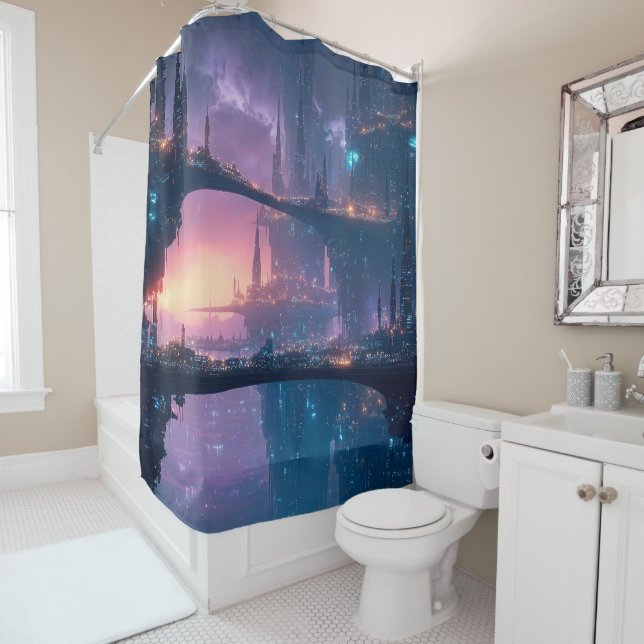 Futuristic Cityscape at Dusk Shower Curtain (In Situ)