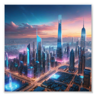 Futuristic Cityscape at Sunset Photo Print