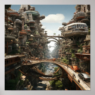 Futuristic Cityscape: Flying Cars and Motorbikes Poster
