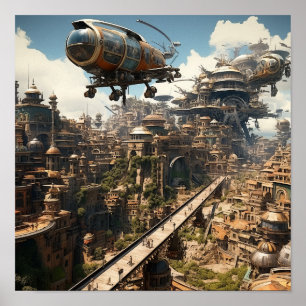 Futuristic Cityscape: Spectacular Flying Cars and  Poster