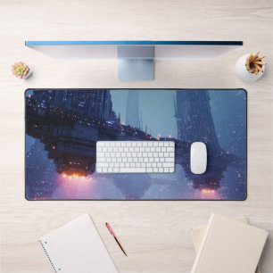 Futuristic Cityscape with Hovering Structures Desk Mat