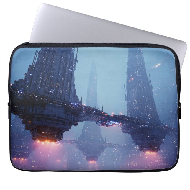 Futuristic Cityscape with Hovering Structures Laptop Sleeve (Front)