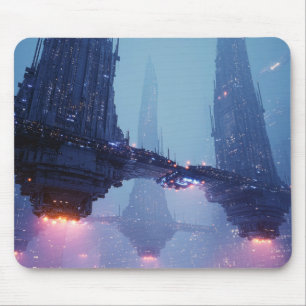 Futuristic Cityscape with Hovering Structures Mouse Mat