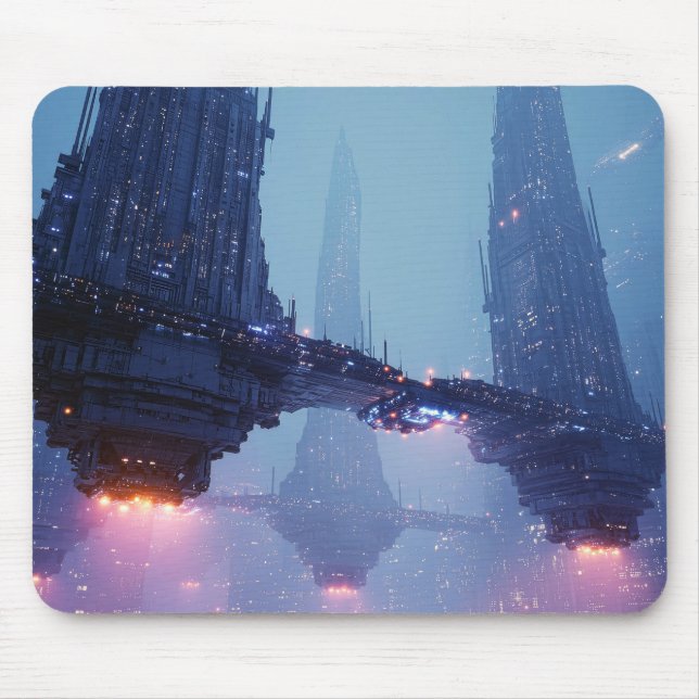 Futuristic Cityscape with Hovering Structures Mouse Mat (Front)