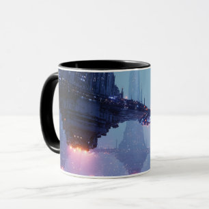Futuristic Cityscape with Hovering Structures Mug