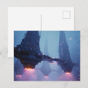 Futuristic Cityscape with Hovering Structures Postcard