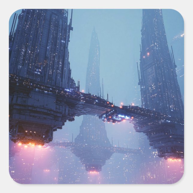 Futuristic Cityscape with Hovering Structures Square Sticker (Front)