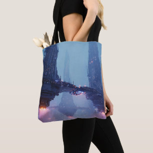 Futuristic Cityscape with Hovering Structures Tote Bag