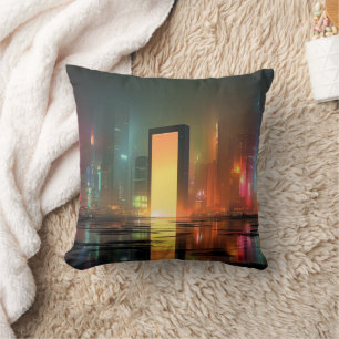 Futuristic Cityscape with Neon Reflections Cushion