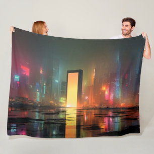 Futuristic Cityscape with Neon Reflections Fleece Blanket