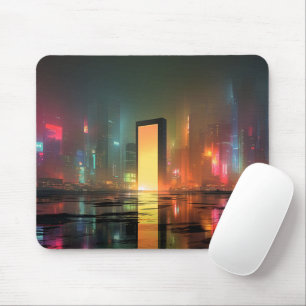 Futuristic Cityscape with Neon Reflections Mouse Mat