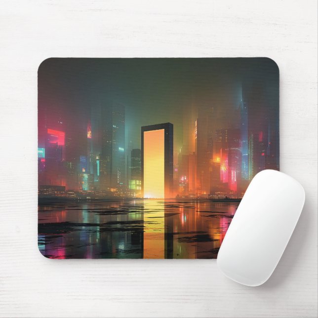 Futuristic Cityscape with Neon Reflections Mouse Mat (With Mouse)