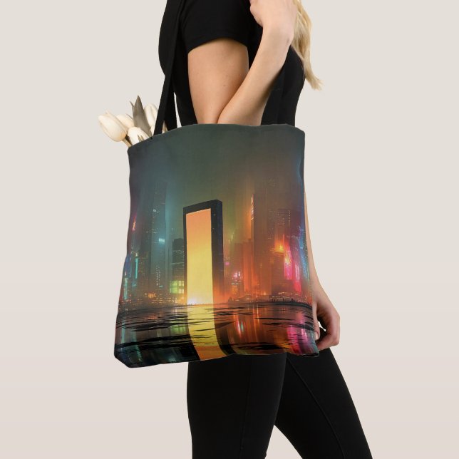 Futuristic Cityscape with Neon Reflections Tote Bag (Close Up)