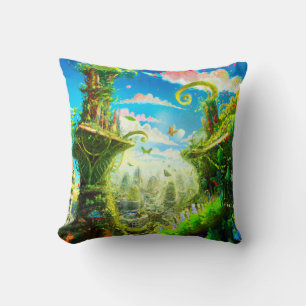 Futuristic Colourful Plant City, AI Generated Art Cushion